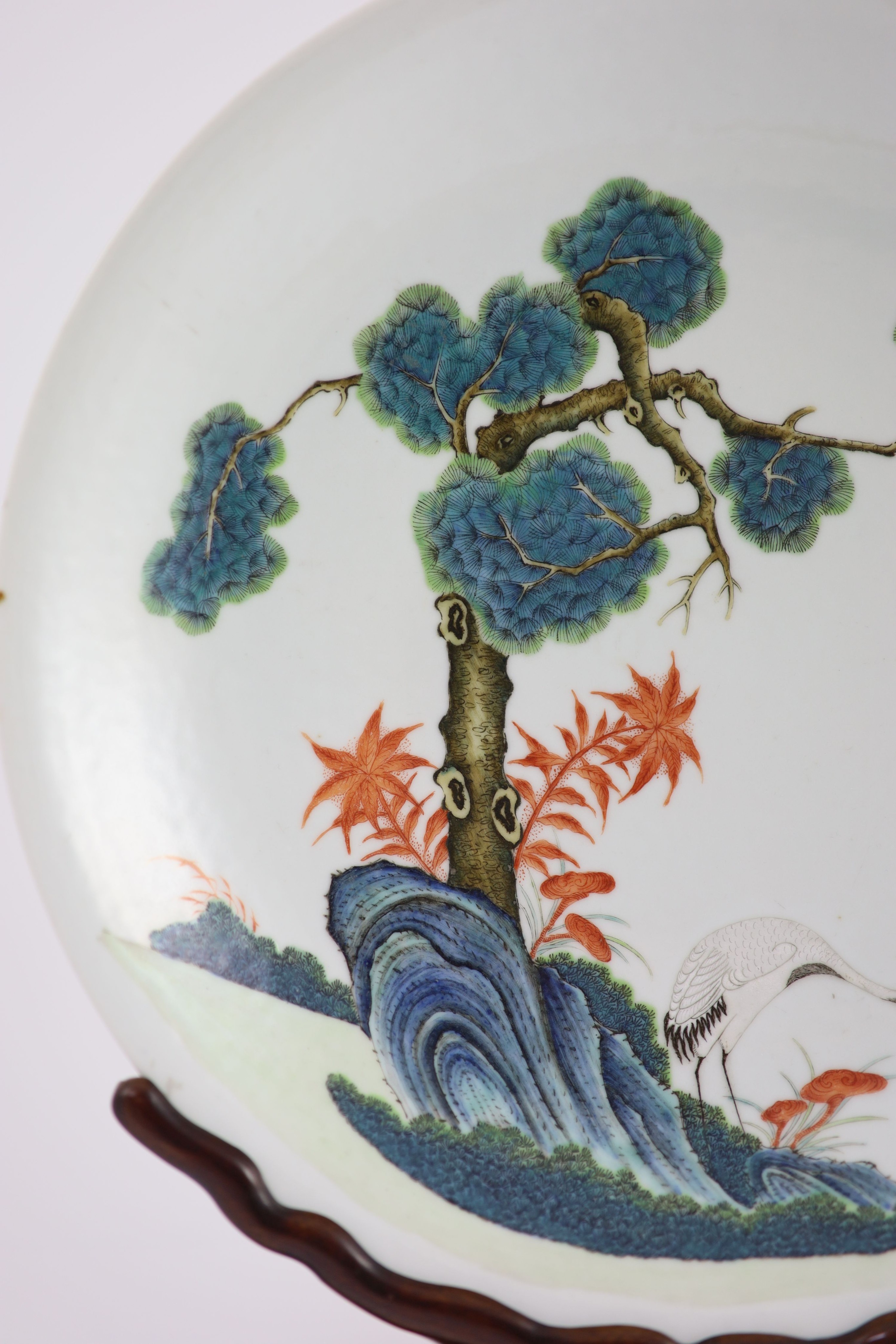 A Chinese Republic period enamelled porcelain 'crane' dish, four-character Jing Yuan Tang Zhi mark, 34.3cm diameter, rim chip